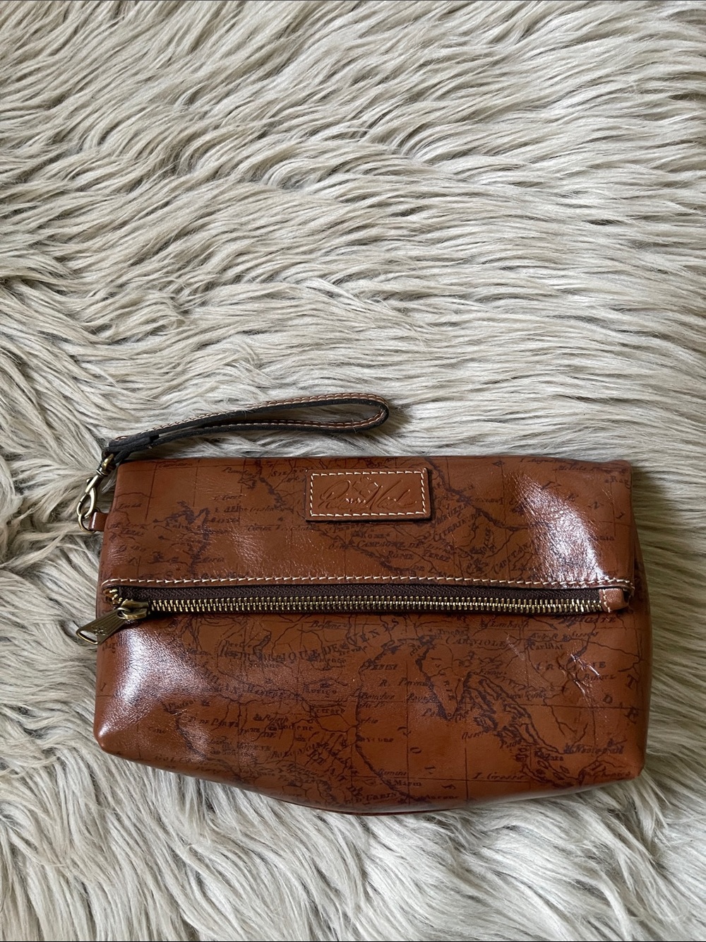 Patricia Nash Cognac Map-Print Leather Wristlet
